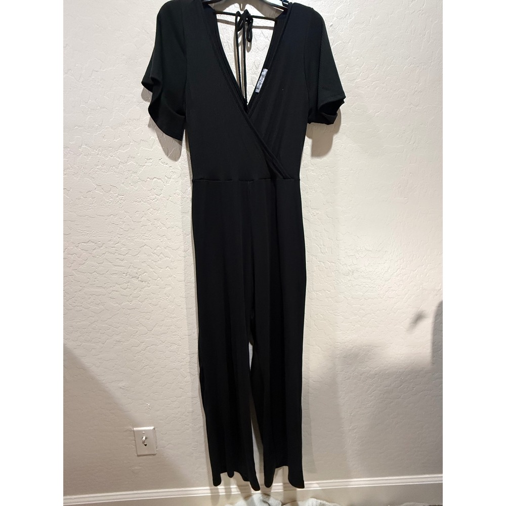 Velvet Torch Womens Black Ribbed Knit Wrap V-Neck Wide Leg Jumpsuit Large